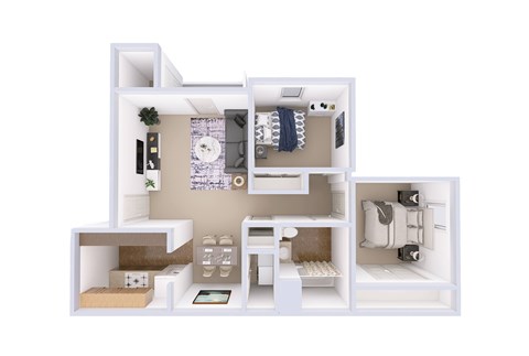 A white model of a house with various rooms and furniture.